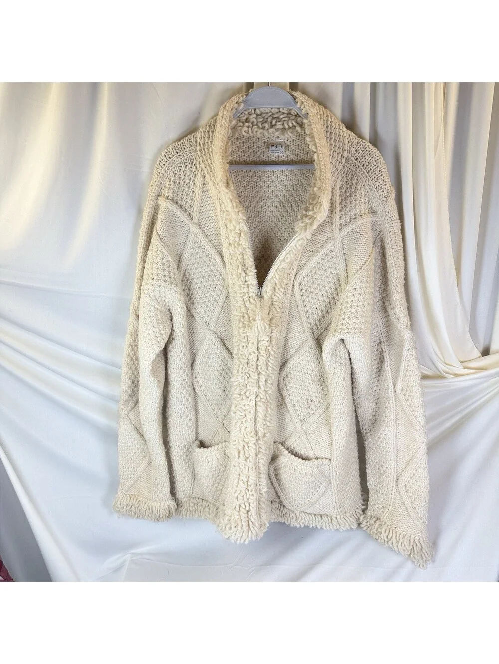 World Of Wool Vintage Cableknit Fisherman Sweater Ivory Heavy Full Zip XL